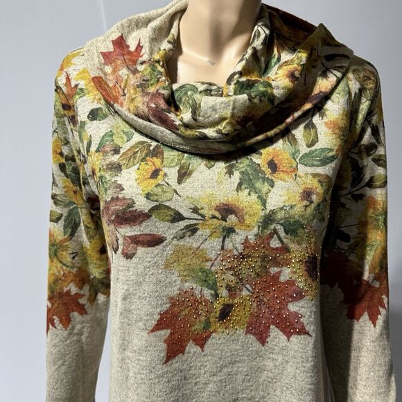 One World Women’s Cowl Neck Tunic Top Size XL Fall Leaf Print Studded Beaded NWT - Picture 2 of 12